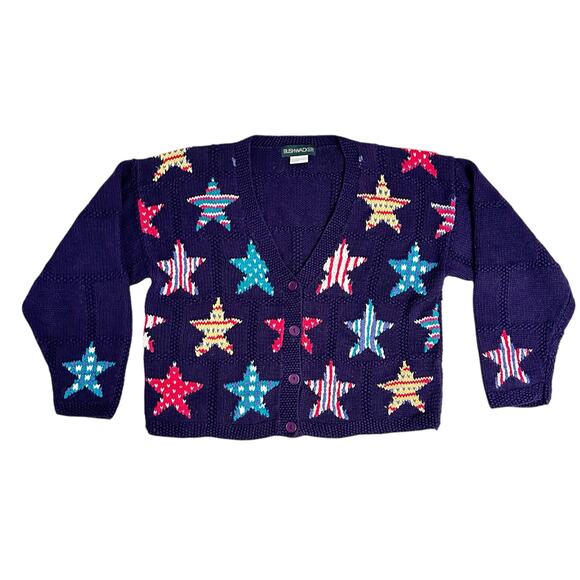 Vintage 90s Ramie Cotton Intarsia Knit Stars Cardigan by Bushwacker Preppy Artsy - Picture 3 of 5